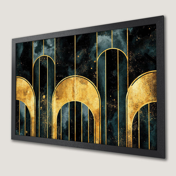 Framed Poster: Abstract art deco design in teal, gold, & black. Enhance your space with this stylish poster!