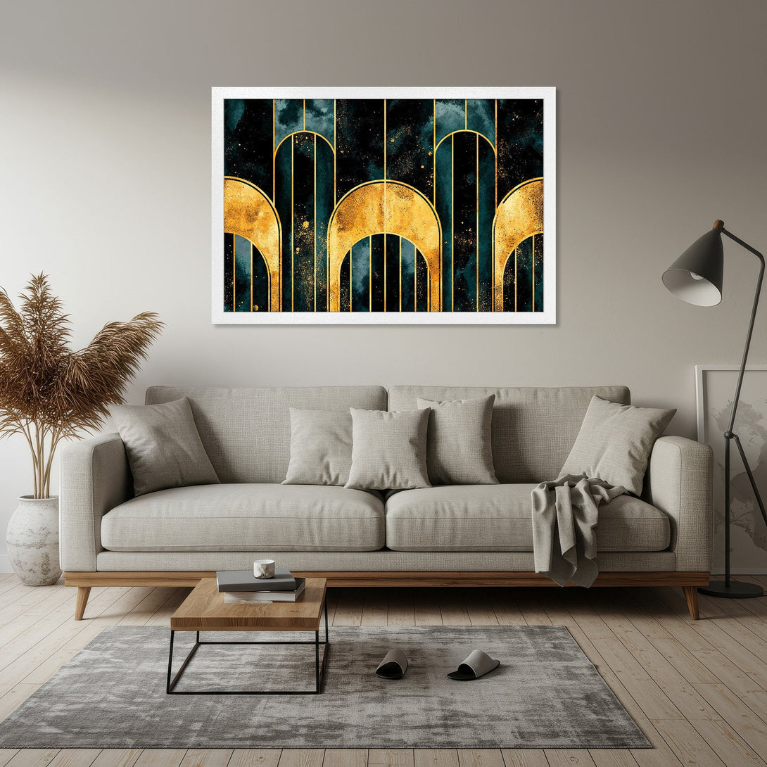Framed Poster: Abstract gold arch design on a dark teal background. Modern art style with a luxurious color palette. Perfect wall decor.