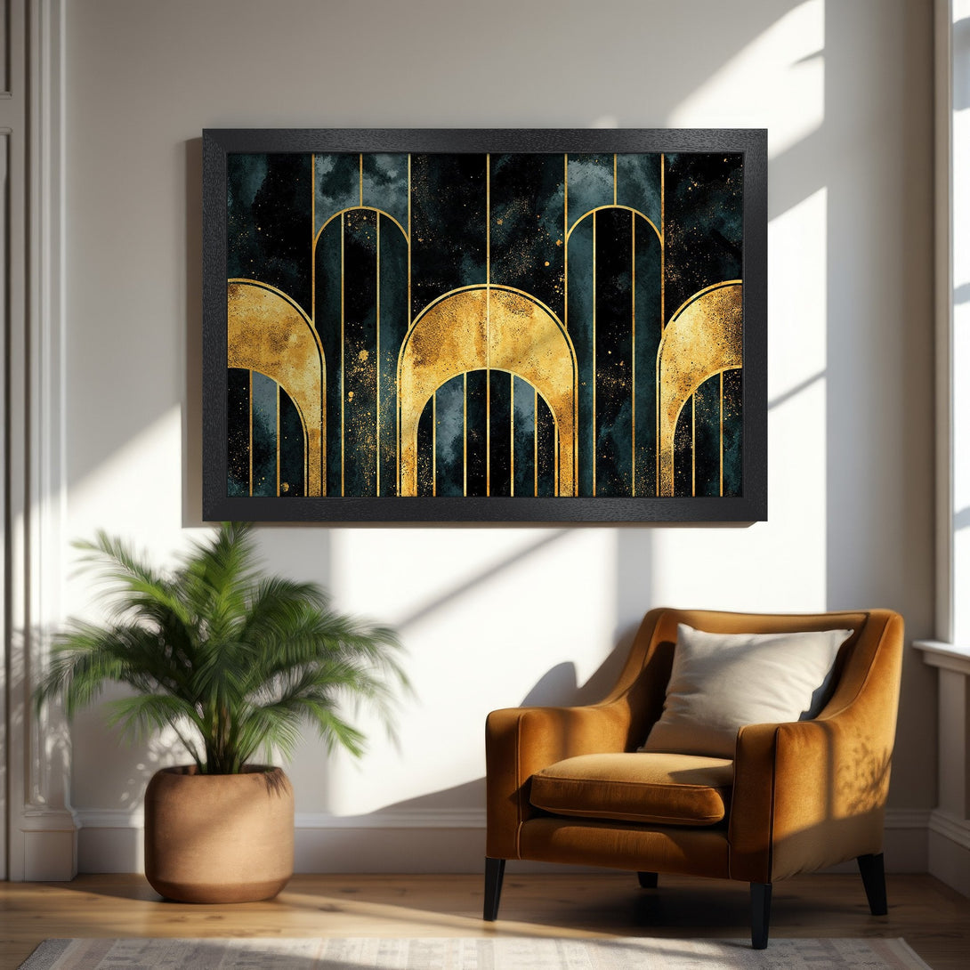 Framed Poster featuring abstract gold and teal art. Modern style, perfect for home decor. Add a touch of elegance!