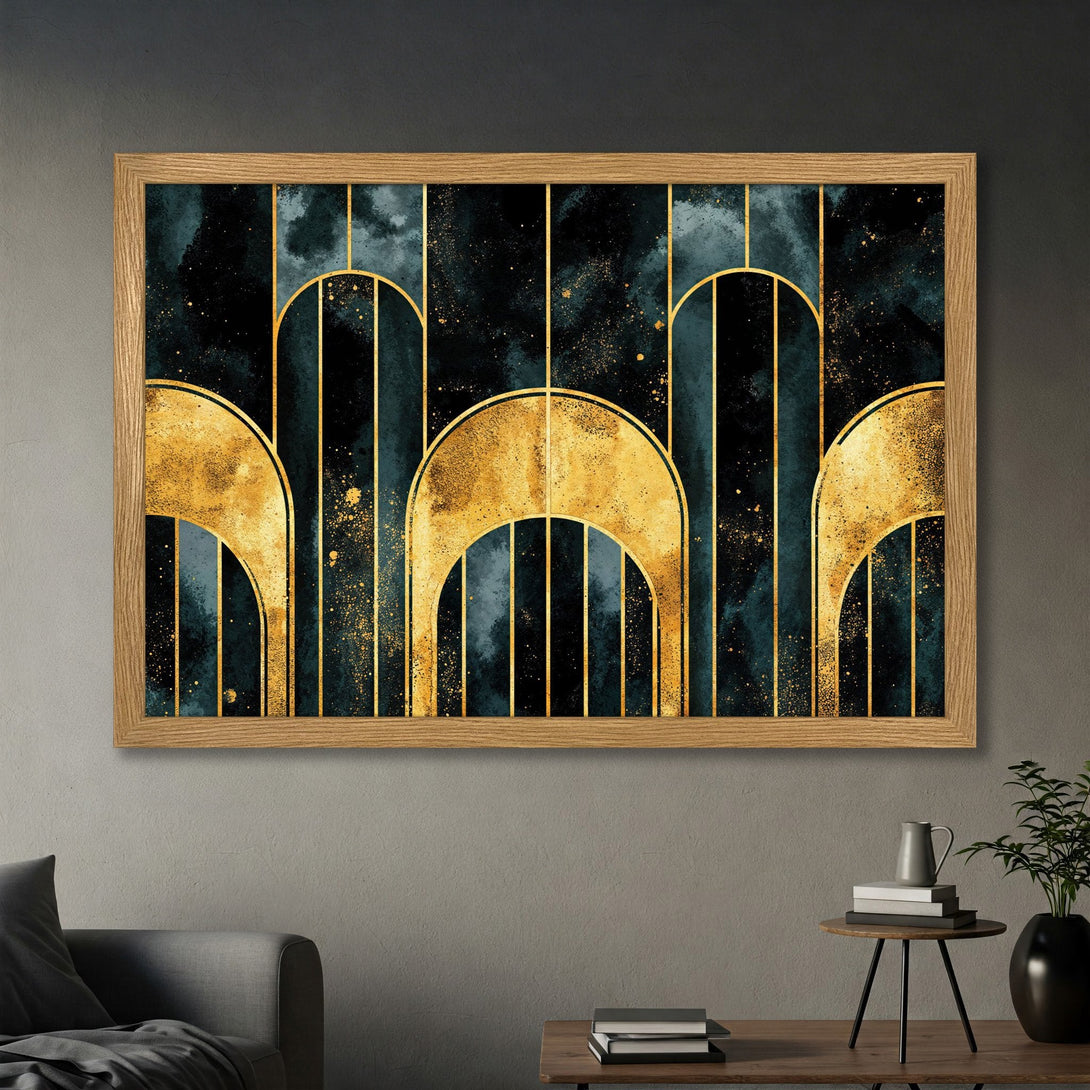 Framed Poster: Abstract art deco design in teal, black, and gold. Perfect wall decor for a modern living room. Add a touch of luxury!