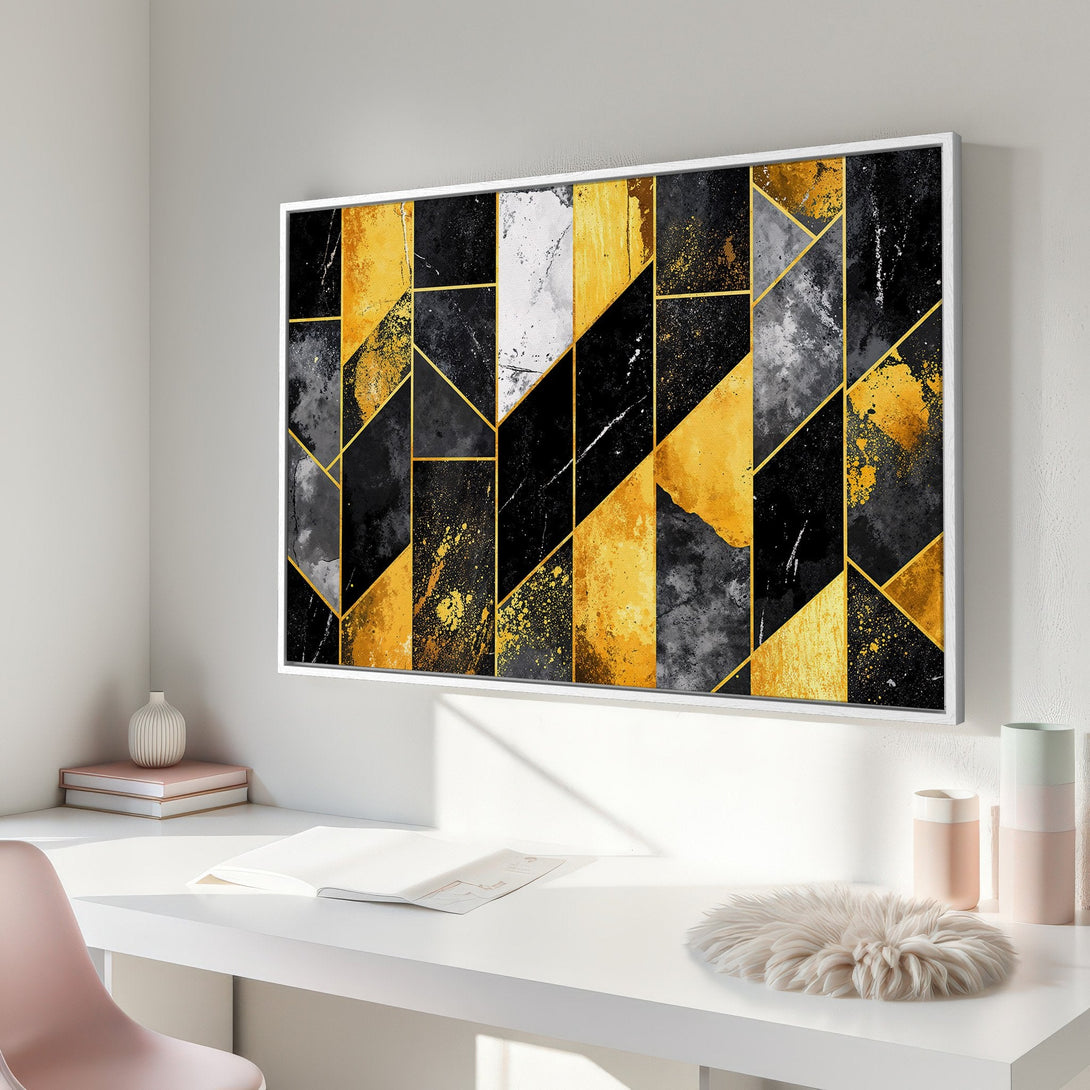 Framed Wall Art: Geometric abstract art in black, gold, and gray. Modern canvas print adds a stylish touch to any interior space.