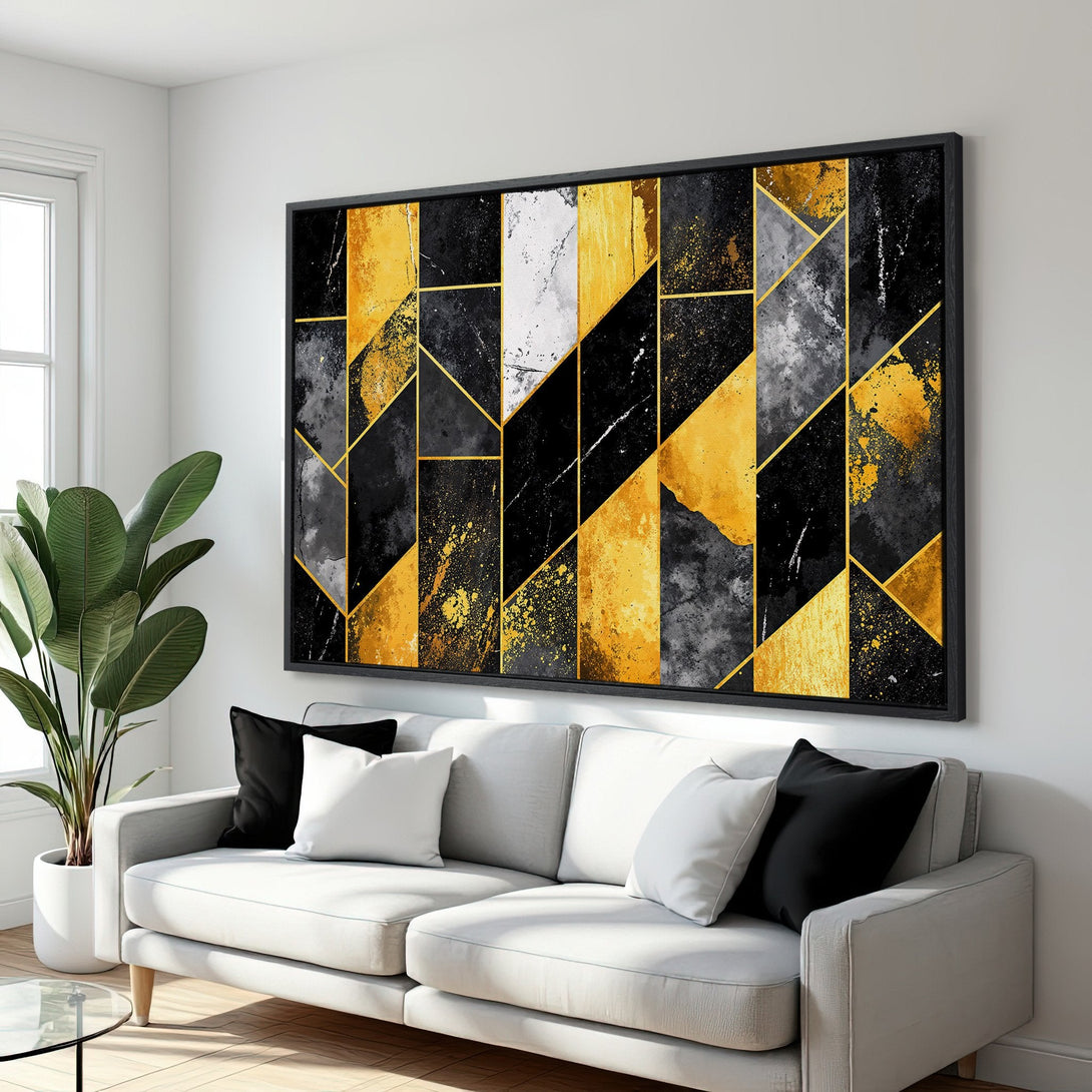 Framed Wall Art: Modern abstract geometric design in black, gold, and gray. Stylish canvas print adds a touch of elegance to any interior.