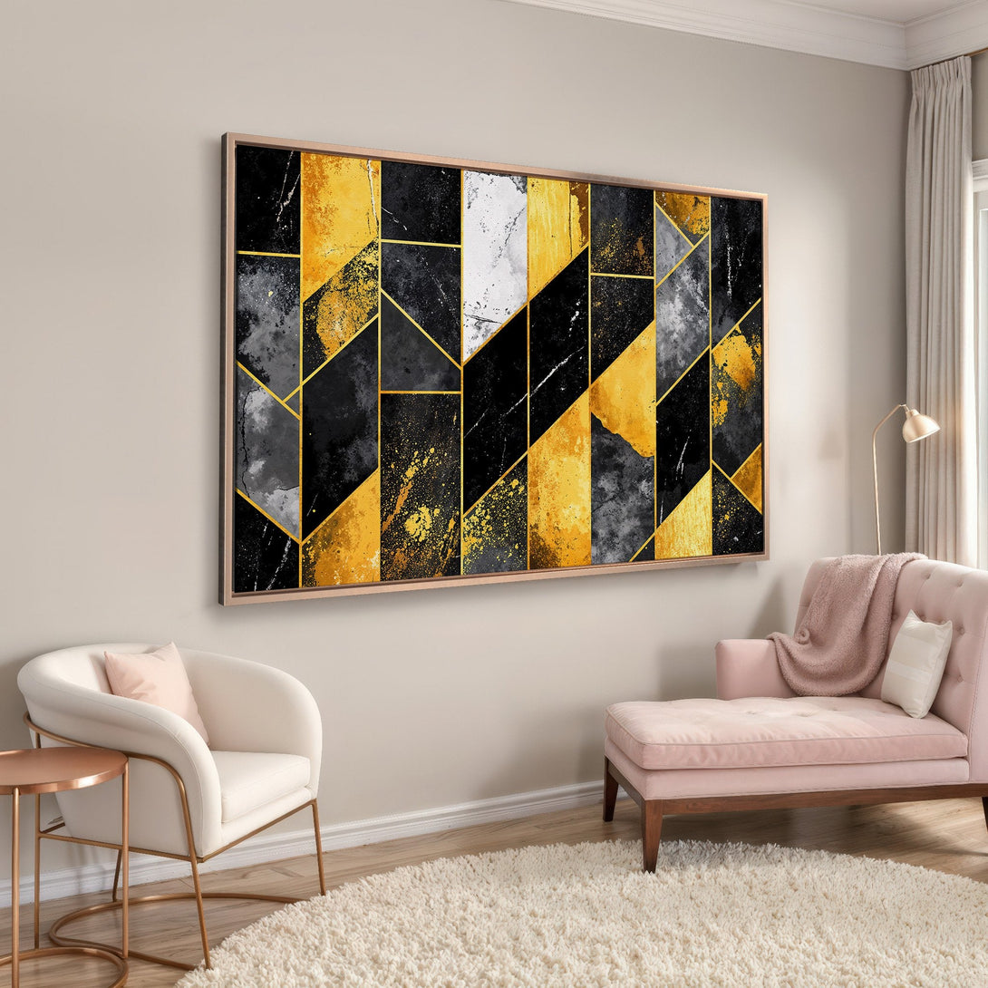 Framed Wall Art: Modern abstract geometric design in black, gold, and white. Stylish decor for any room.