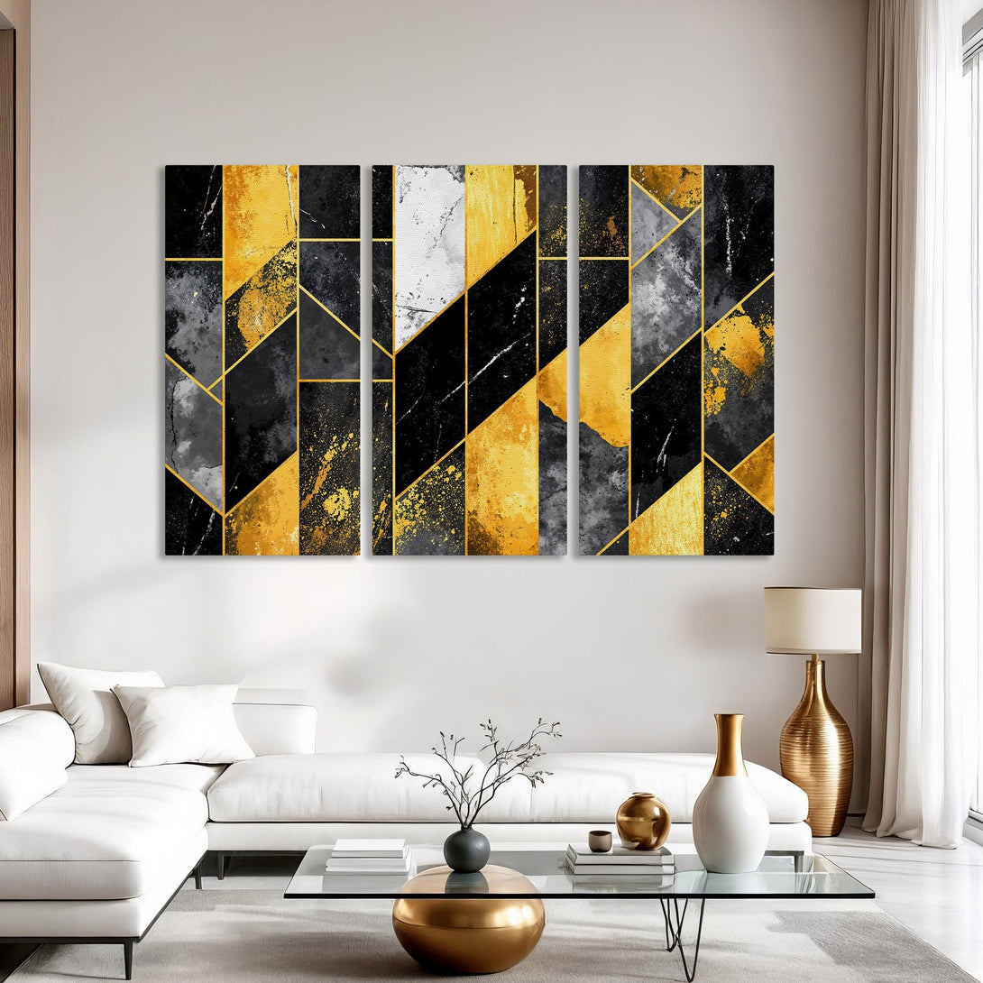 Abstract Canvas Print in black, gold, and gray geometric design. Modern wall art for a stylish interior.