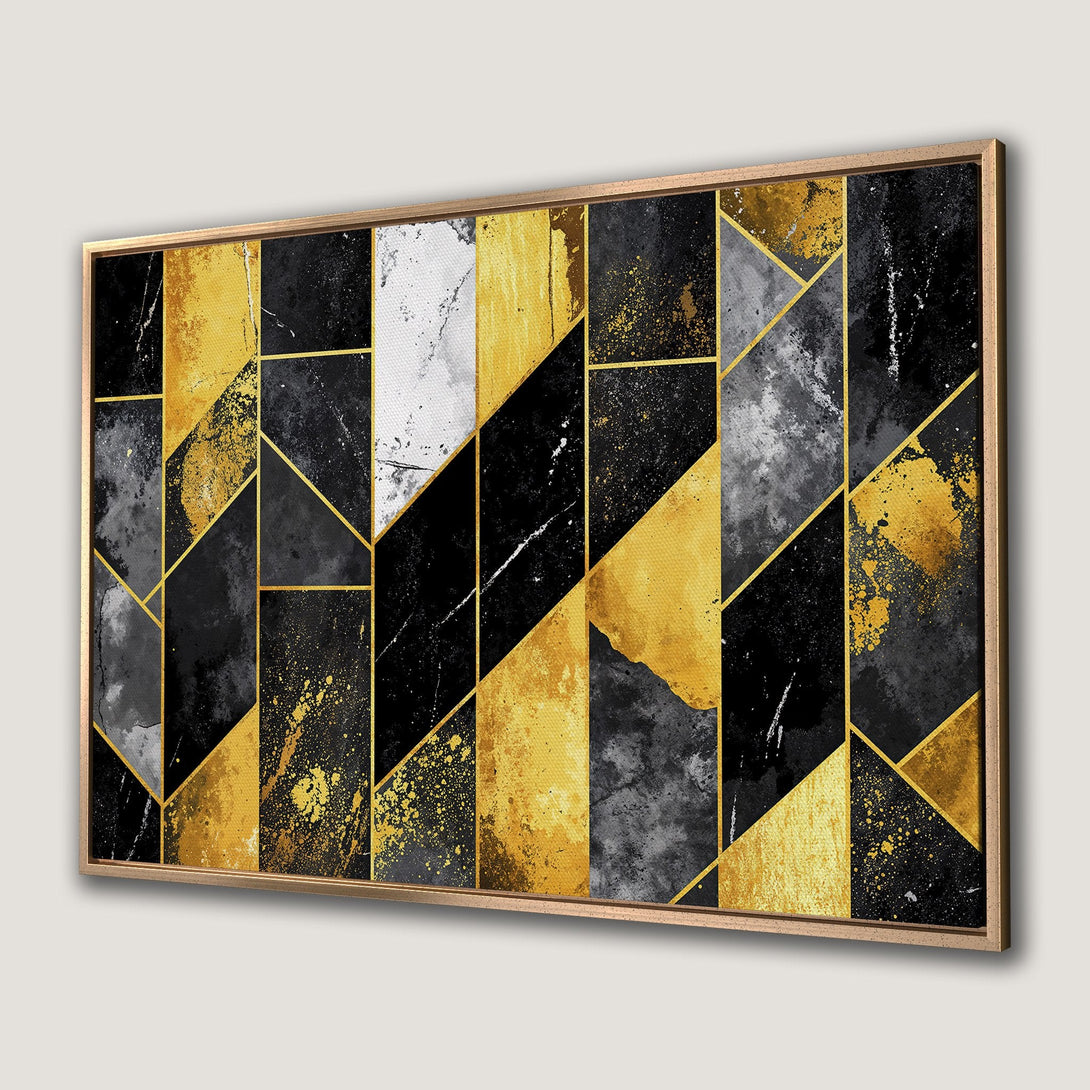 Framed Wall Art: Abstract geometric design in gold, black, and gray. Modern canvas print for a stylish interior.