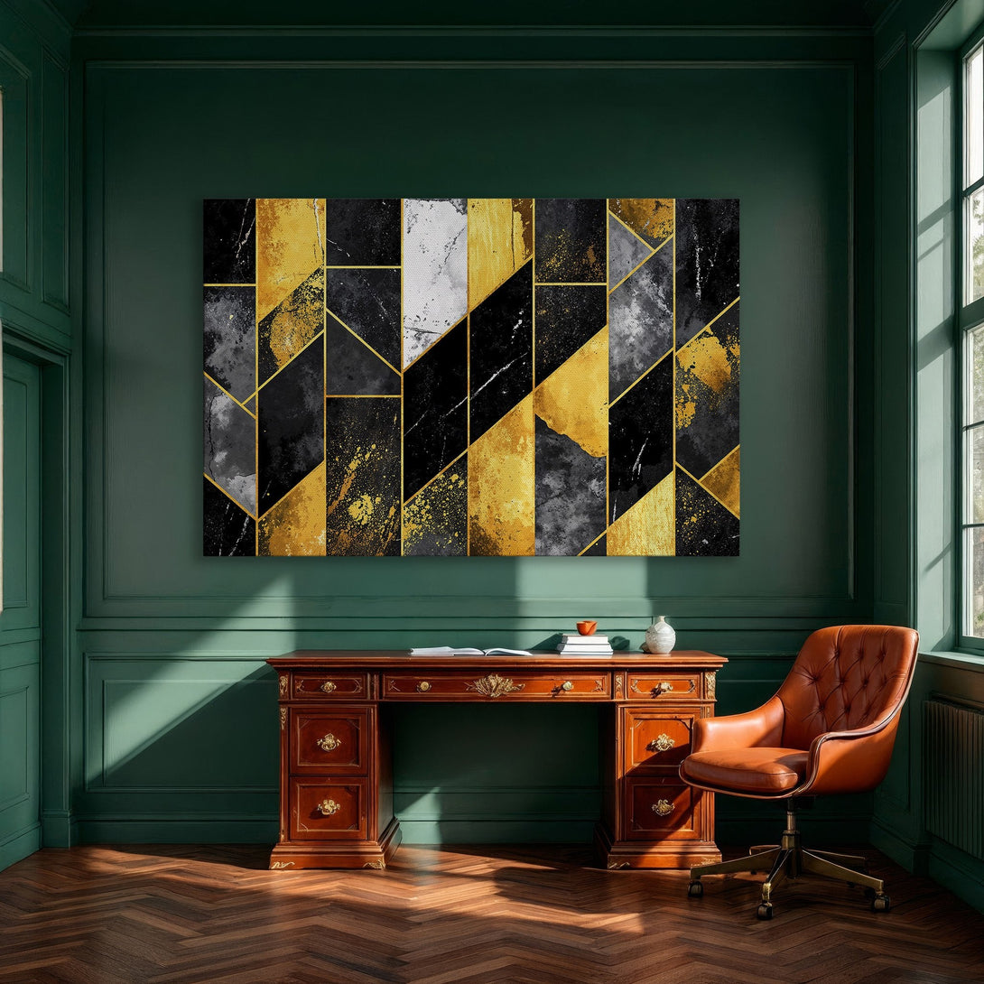 Framed Wall Art: Abstract geometric design in gold, black, and gray. Modern canvas print adds a touch of luxury to any dining room.