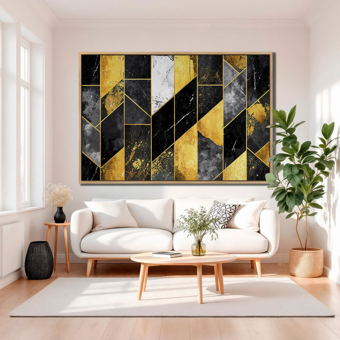 Framed Wall Art: Modern abstract geometric design in gold, black, and gray. Elevate your space with this stylish canvas print.