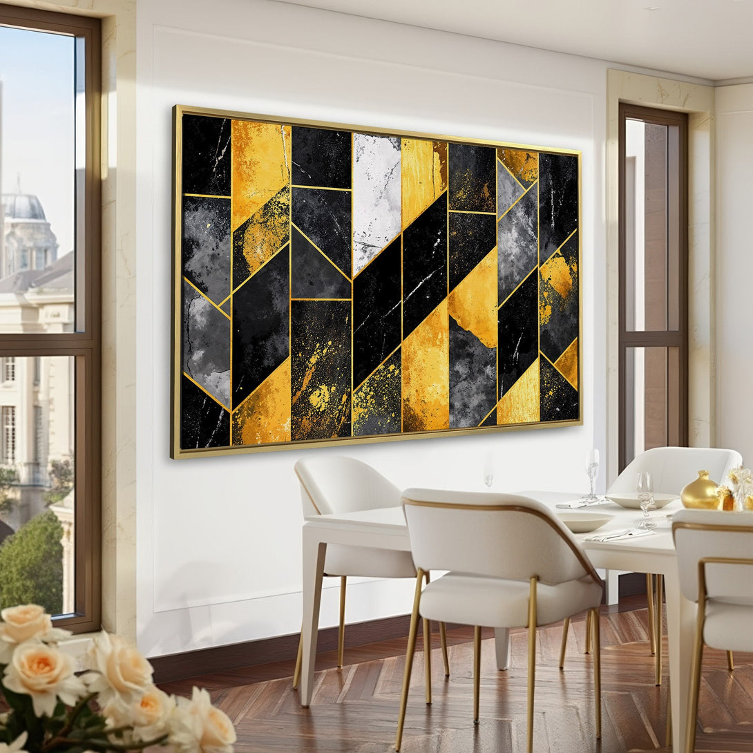 Abstract Canvas Print art with gold, black, and white geometric design. Modern wall art for a stylish living room or office.