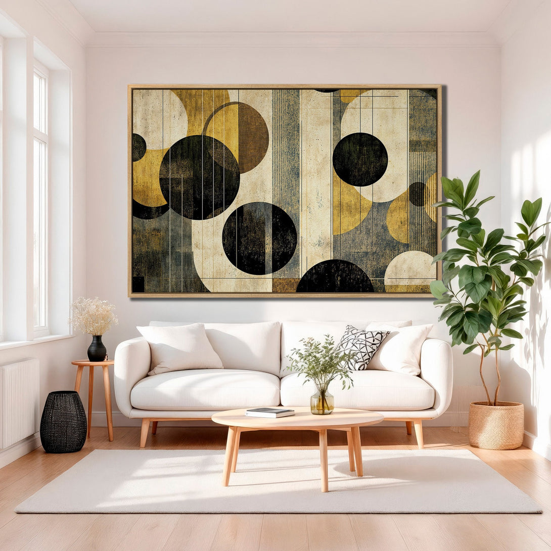 Framed Wall Art featuring an abstract geometric design in a neutral color palette with gold and black. Modern art for living room decor.