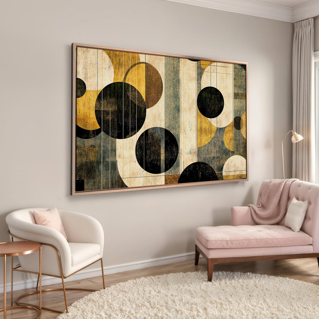 Framed Wall Art featuring an abstract geometric design with circles in a warm, earthy palette. Modern art decor for your living room.