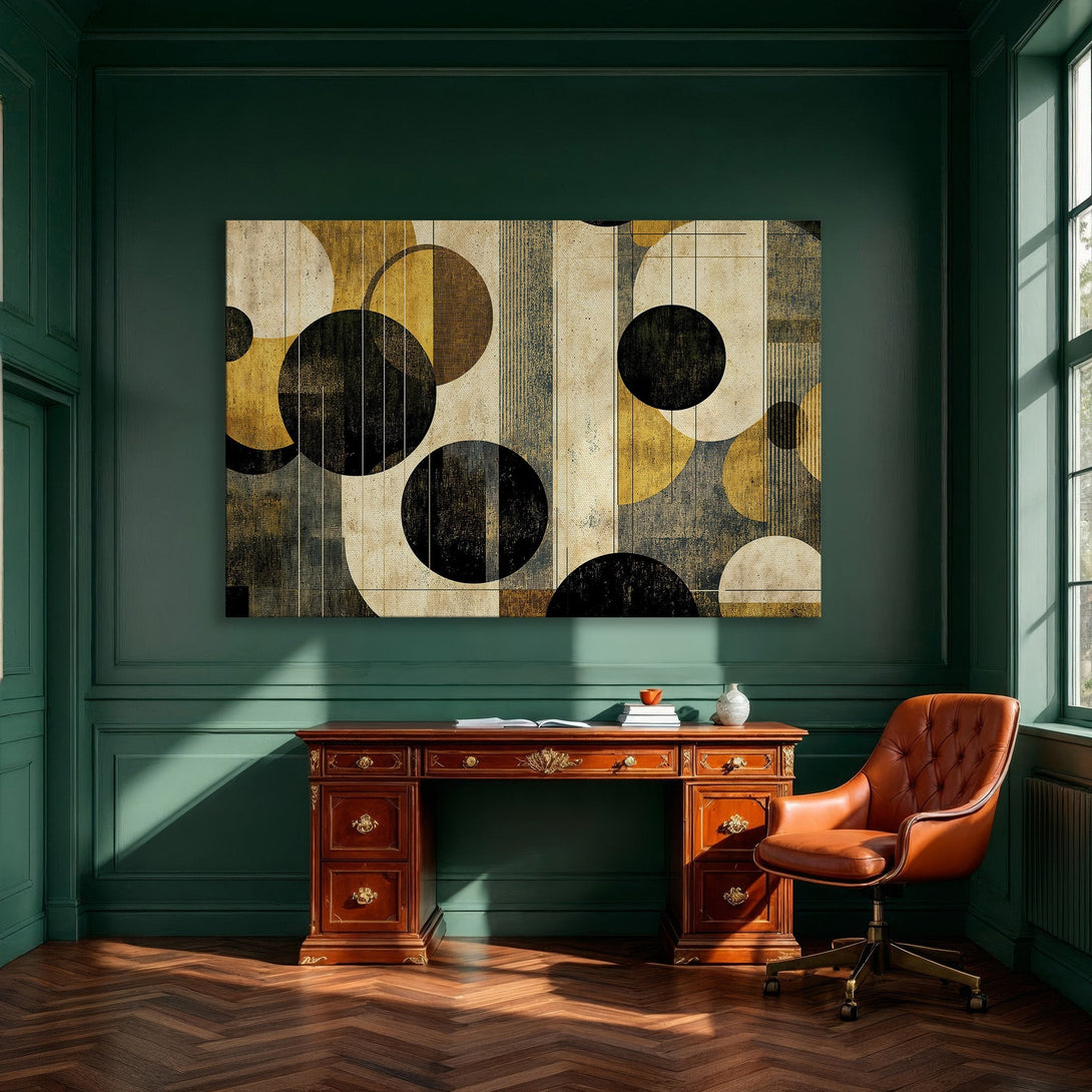 Framed Wall Art featuring abstract geometric circles in gold, black, and beige. Modern art for dining room decor.