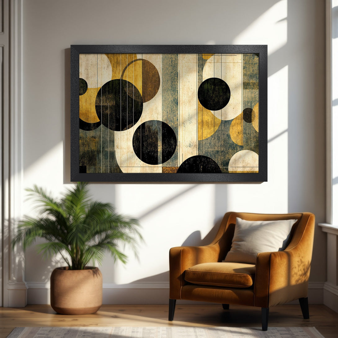 Framed Poster featuring abstract geometric art in gold, black, and cream. Modern wall art for your home.
