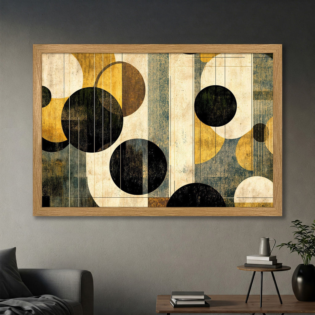 Framed Poster featuring abstract geometric art with circles, stripes, and a muted color palette of black, yellow, and blue. Modern wall decor.