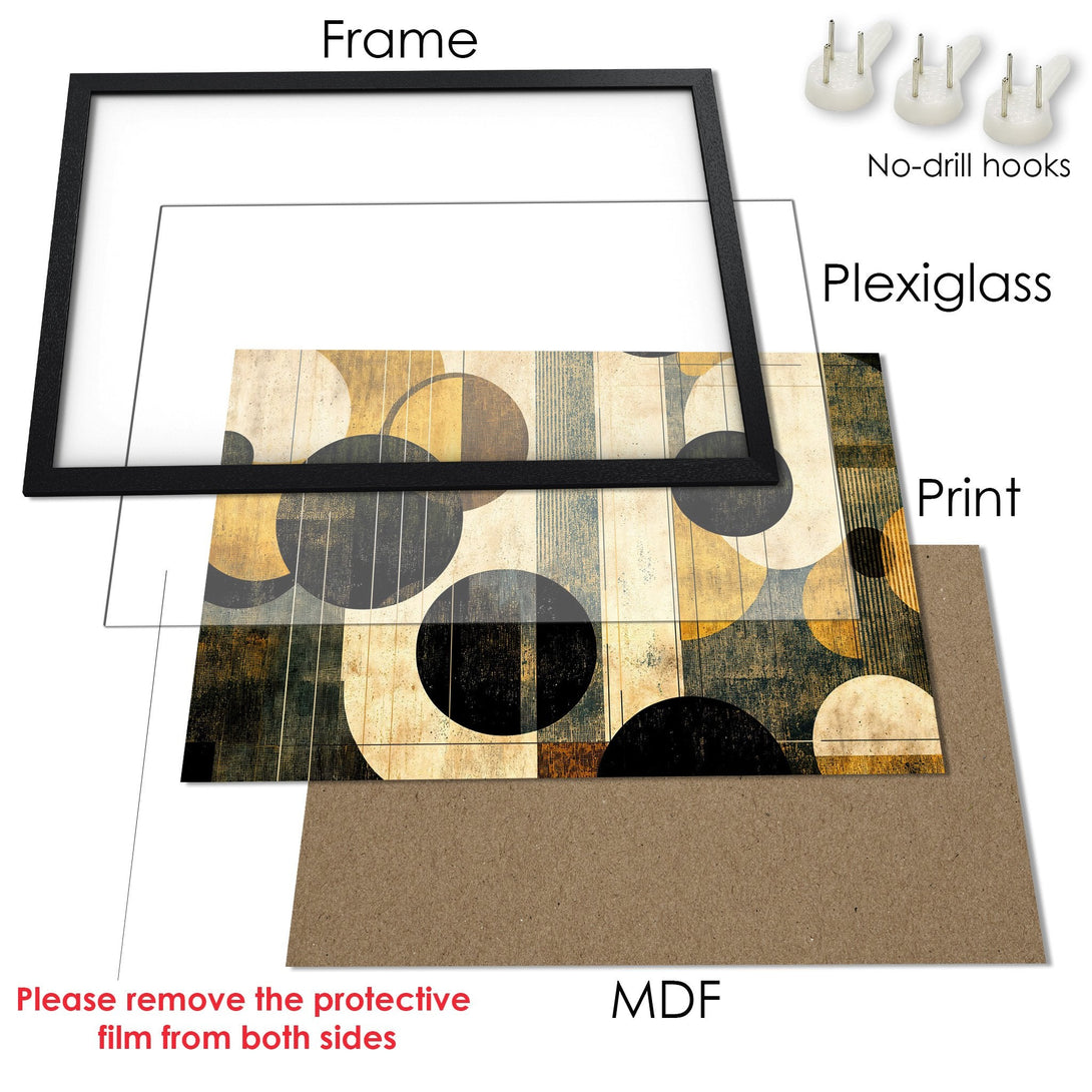 Framed Poster with abstract geometric design in neutral tones. Modern art print ready to hang.