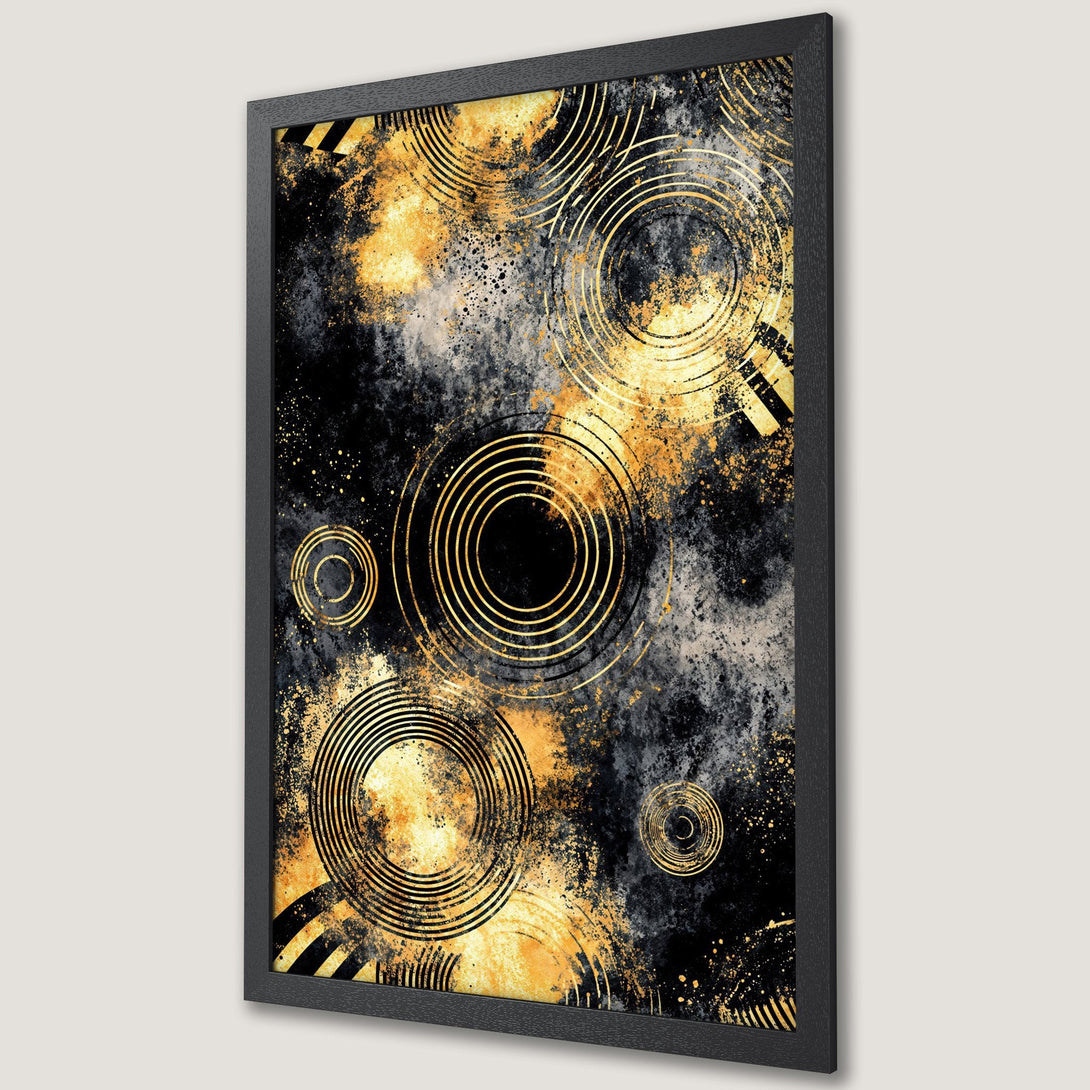 Framed Poster featuring abstract gold circles on a black and gold background. Modern art print for stylish home decor.
