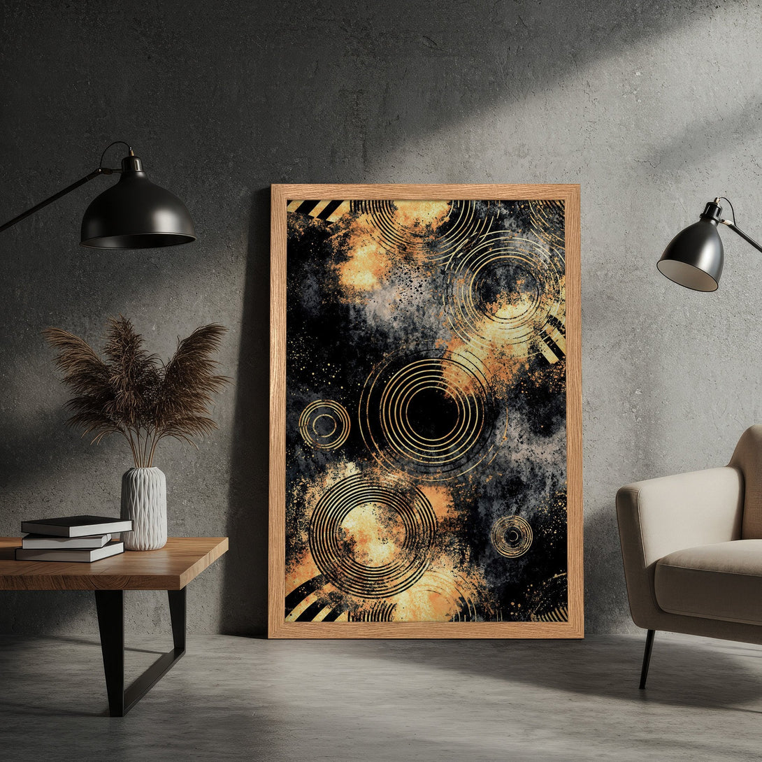 Framed Poster featuring abstract art with gold circles and a black, orange color palette. Modern wall decor.
