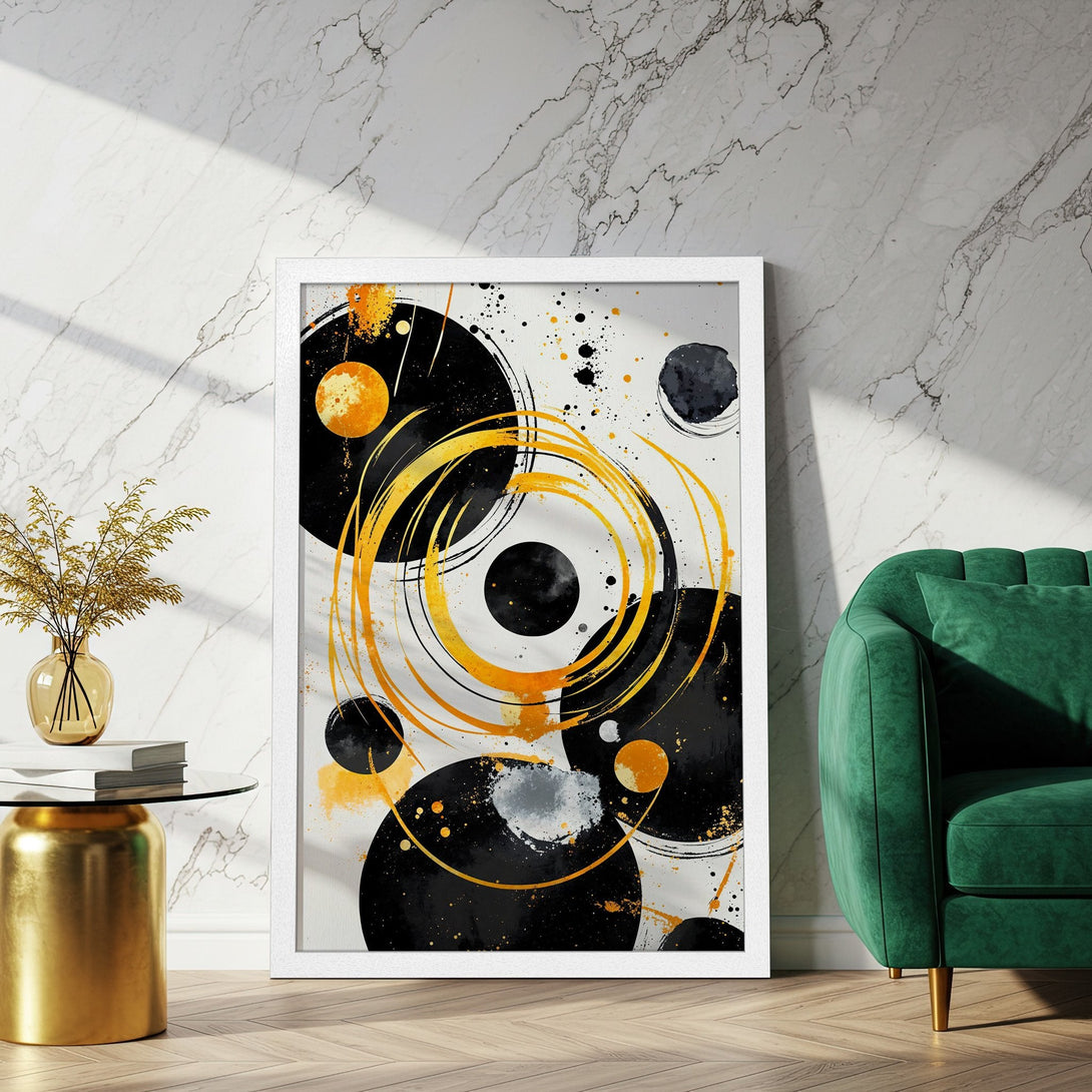 Framed Poster featuring abstract black, gold, and white art. Modern style, perfect for home decor. Shop our art poster collection!