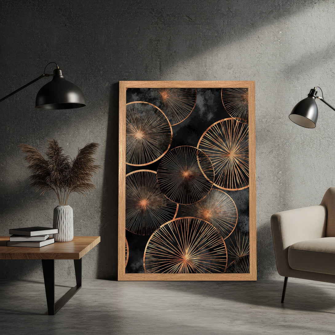 Framed Poster with abstract gold and black design. Modern art print for stylish home decor. Enhance your space today!