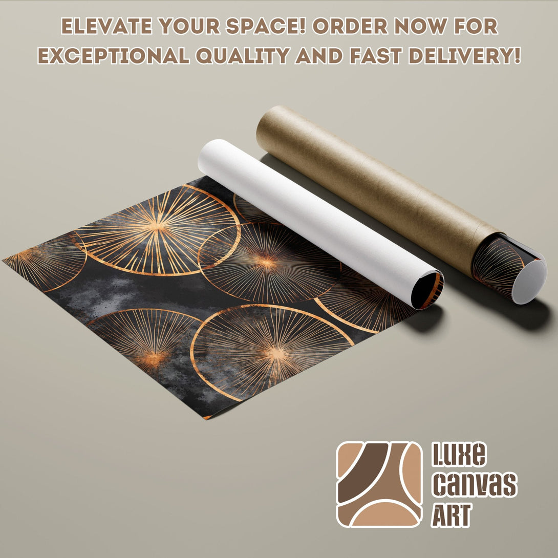 Poster Roll featuring an abstract gold and black design. Modern art style, neutral color palette.