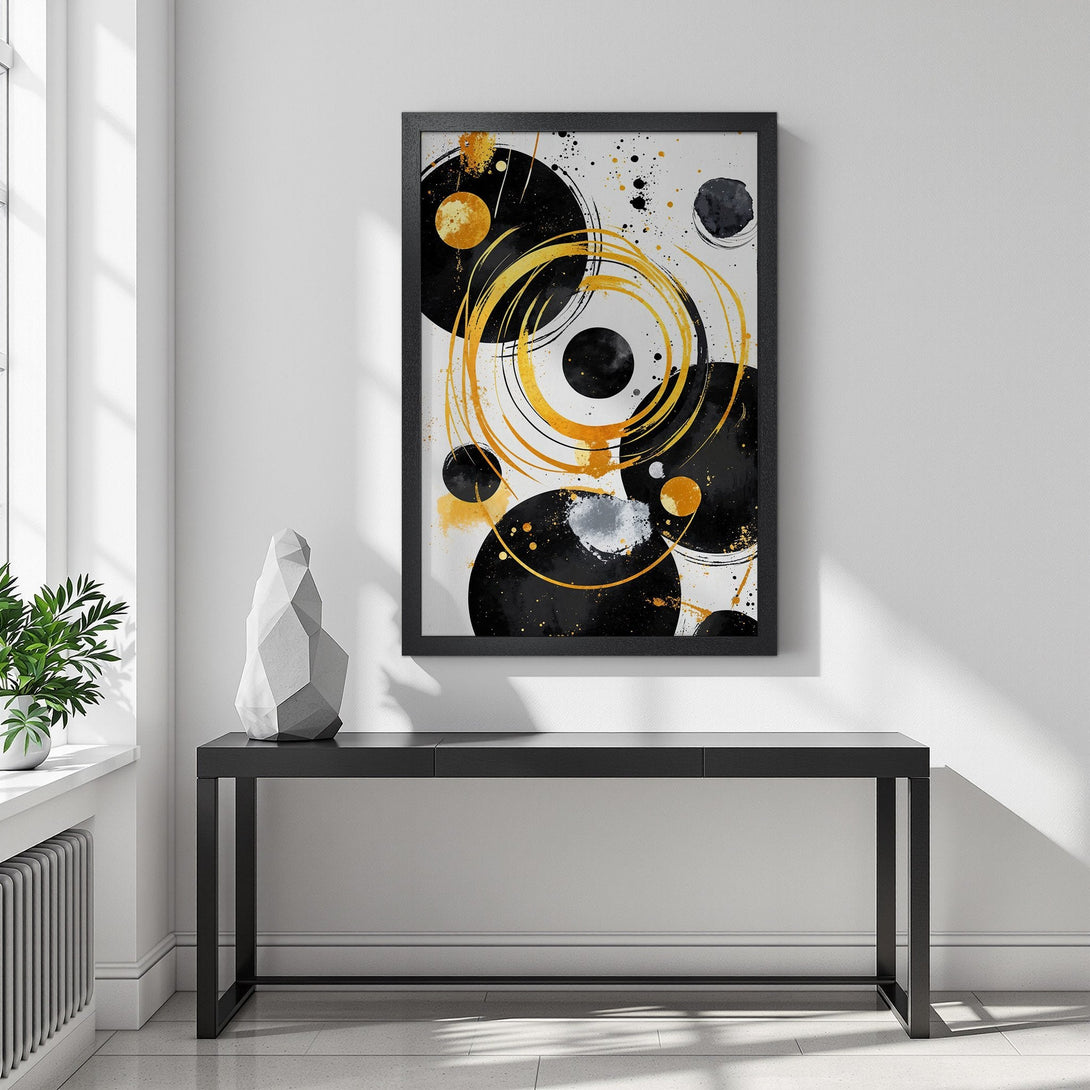 Framed Poster featuring abstract black and gold circles art. Modern style, perfect for any room. Elevate your decor with this stunning Poster.