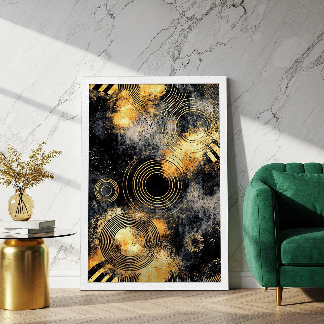 Framed Poster featuring abstract gold circle design on black background. Modern art print with a stylish color palette.