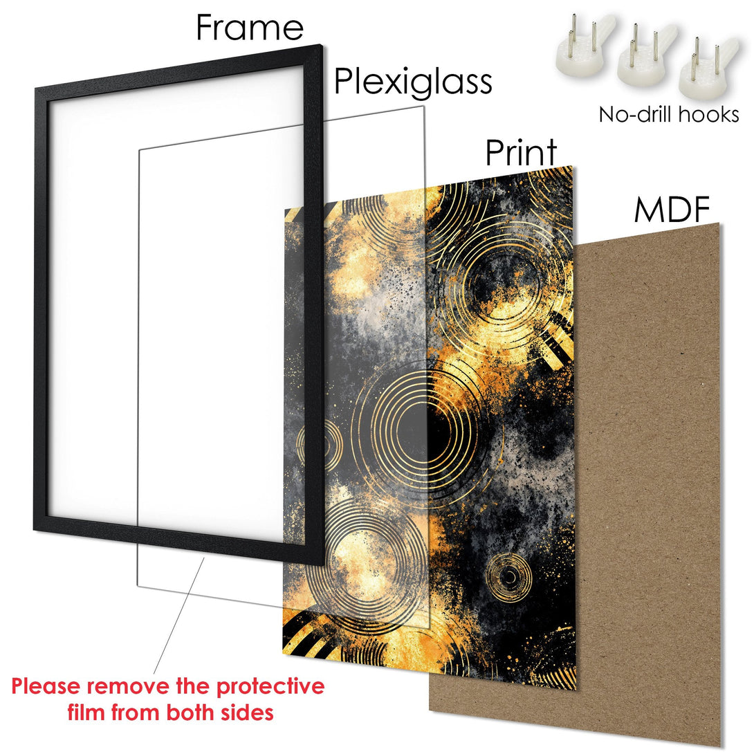 Framed Poster with abstract gold and black design. Modern art print with a stylish black frame. Ready to hang!