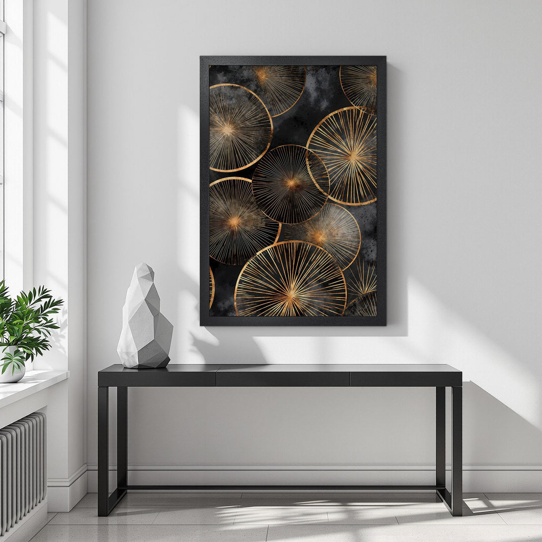 Framed Poster featuring abstract gold circles on black background. Modern art print with a sophisticated, minimalist style and a warm, luxurious color palette.