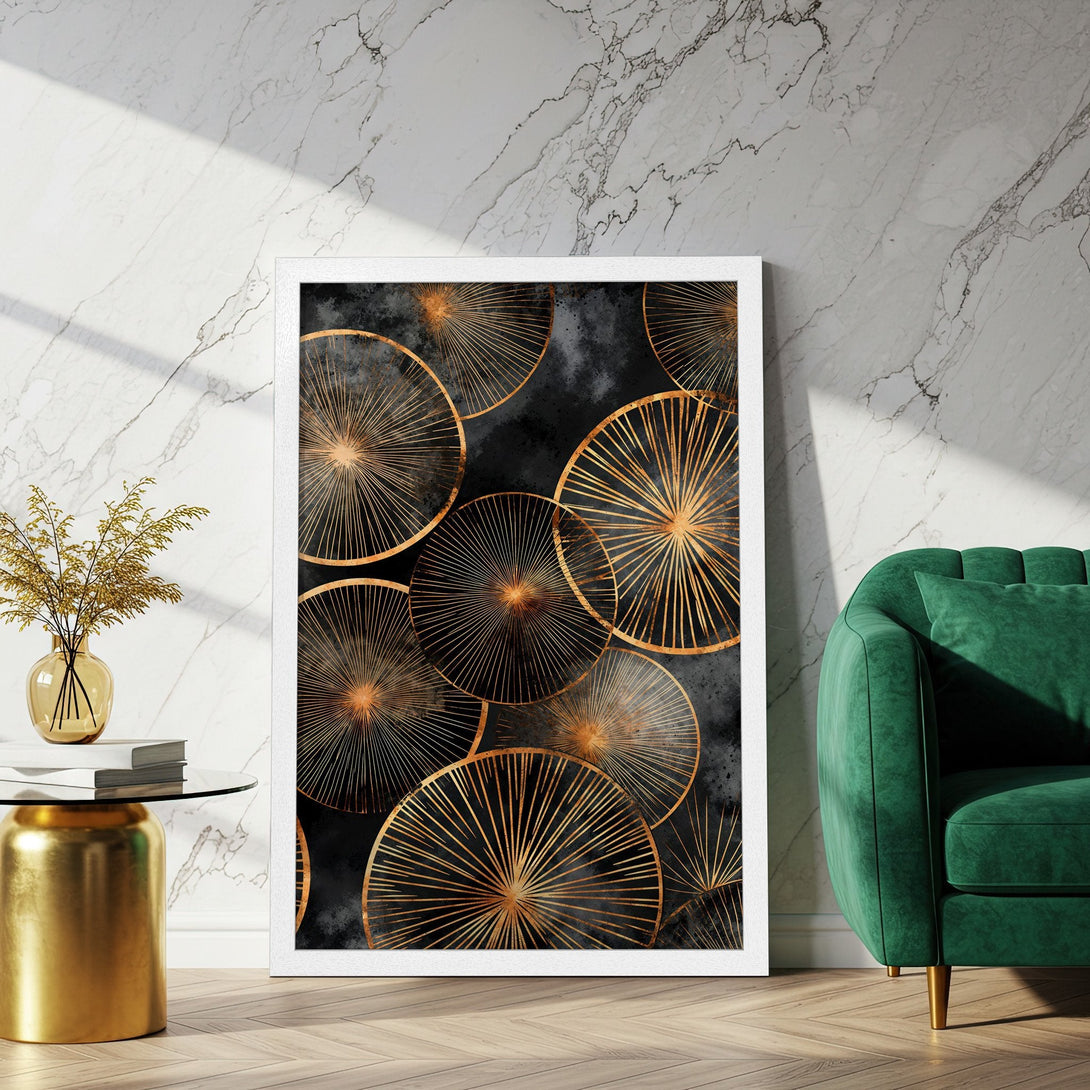 Framed Poster featuring abstract gold geometric design on black background. Modern art style with a luxurious color palette.