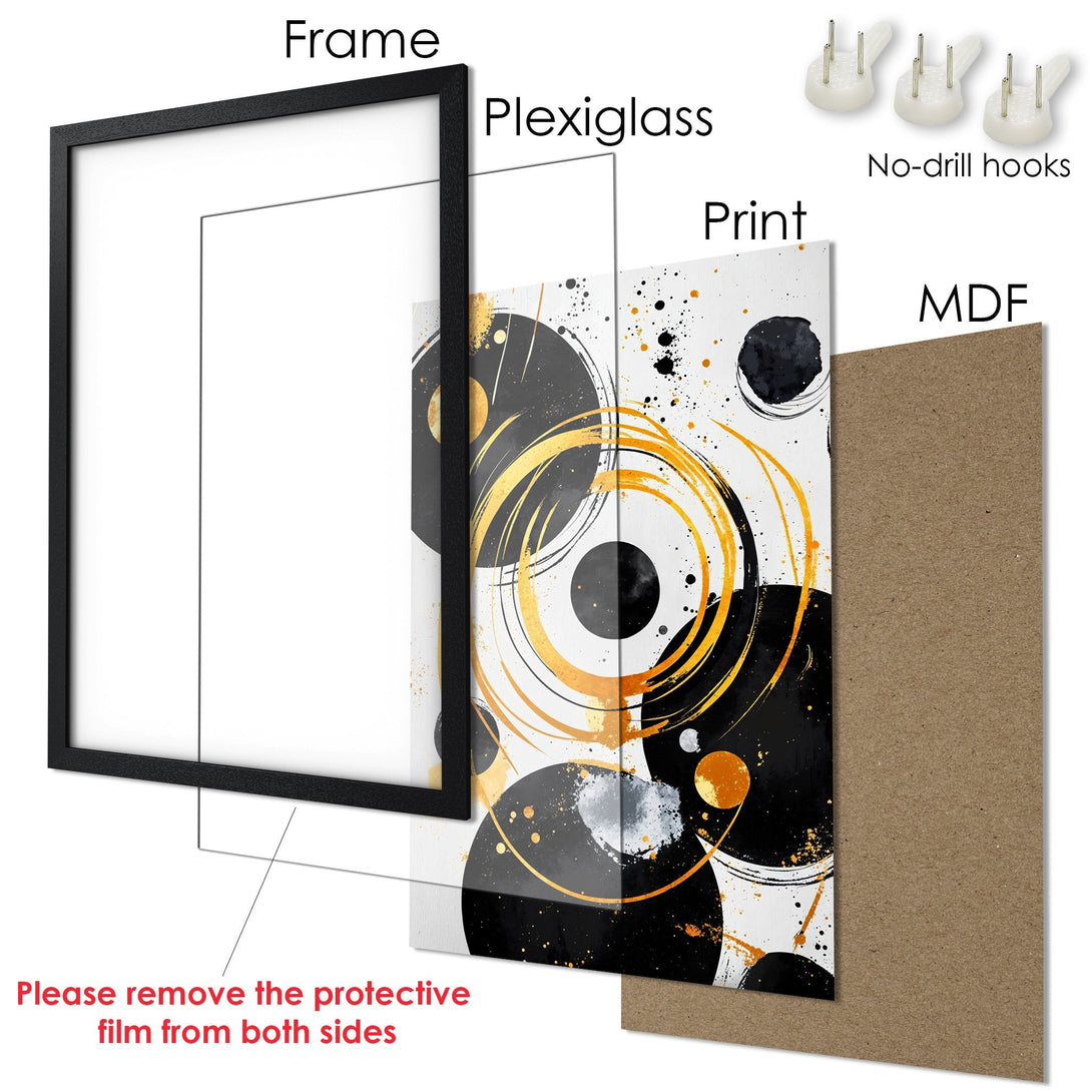 Framed Poster featuring an abstract design with black, gold, and white elements. Modern art print ready to hang.