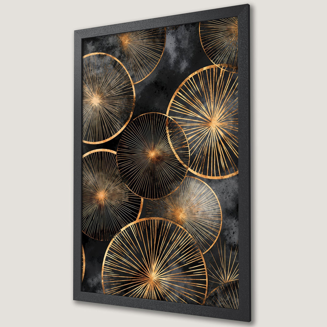 Framed Poster featuring gold geometric design on a black background. Modern art print with a luxurious, elegant aesthetic.