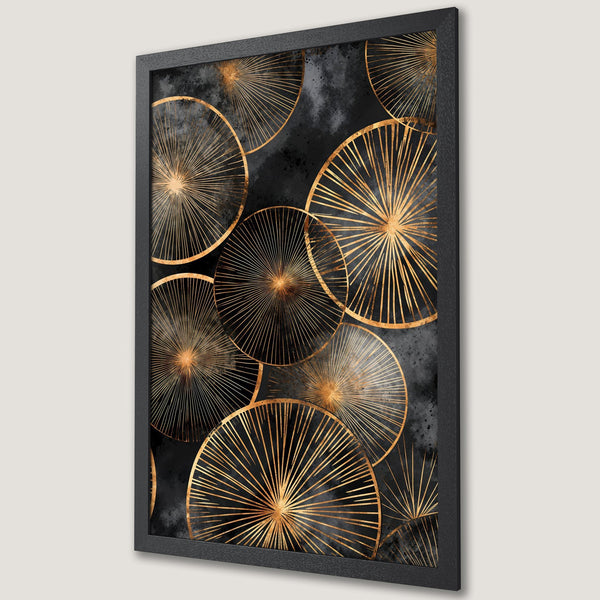 Framed Poster featuring gold geometric design on a black background. Modern art print with a luxurious, elegant aesthetic.