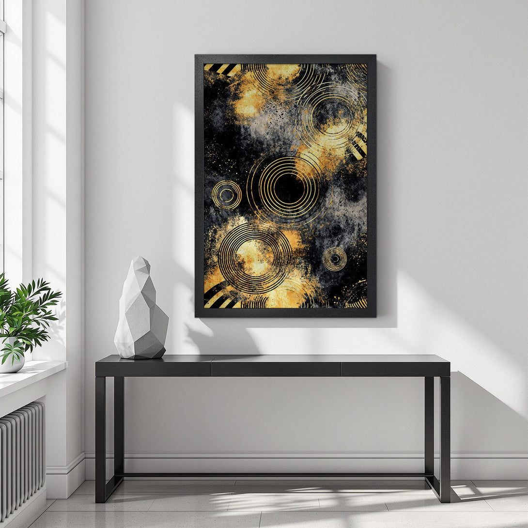 Framed Poster featuring abstract golden circle design on a black and grey background. Modern art print for home decor.