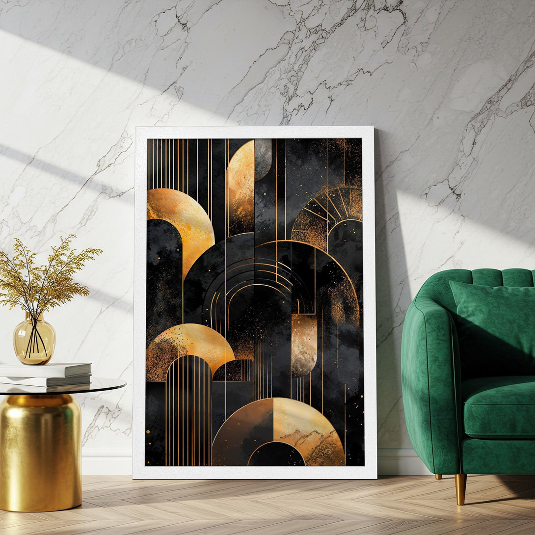 Framed Poster featuring an abstract geometric design in black, gold, and bronze, perfect for modern home decor.