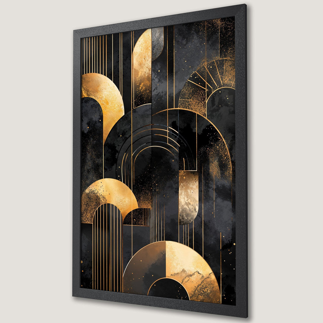 Framed Poster featuring an abstract geometric design in gold and black, perfect for modern decor.
