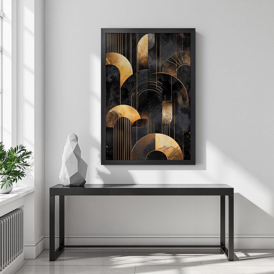 Framed Poster featuring an abstract geometric design in black and gold, perfect for modern home decor.
