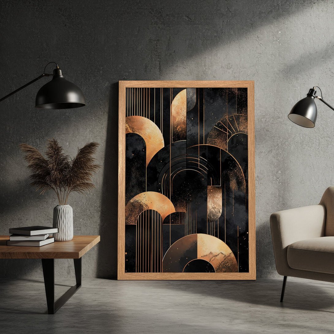 Framed Poster featuring abstract geometric art in black and gold. Modern style wall art for home decor.
