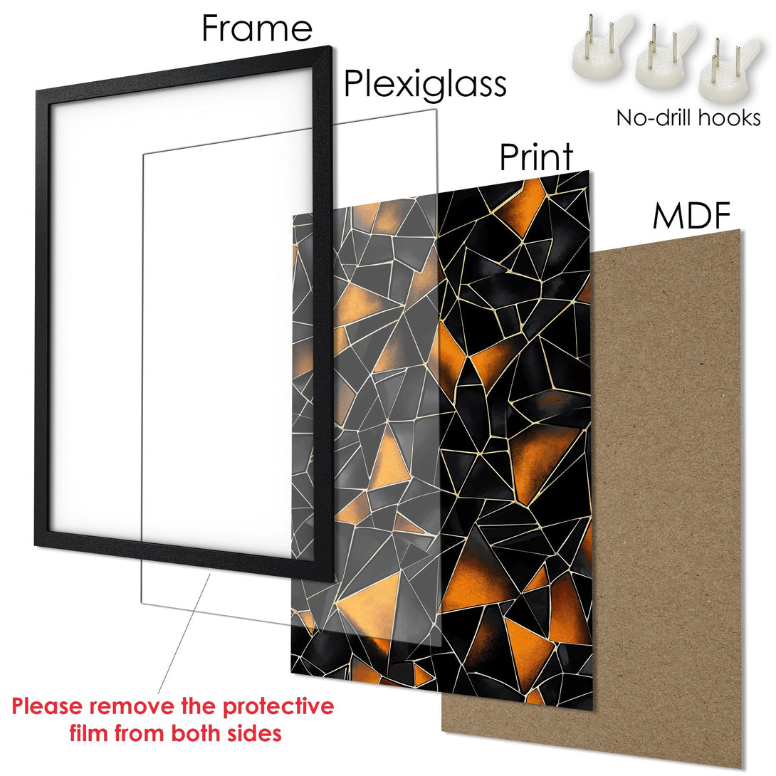 Framed Poster featuring an abstract geometric design in black, gold, and gray. Modern art print for your home decor.