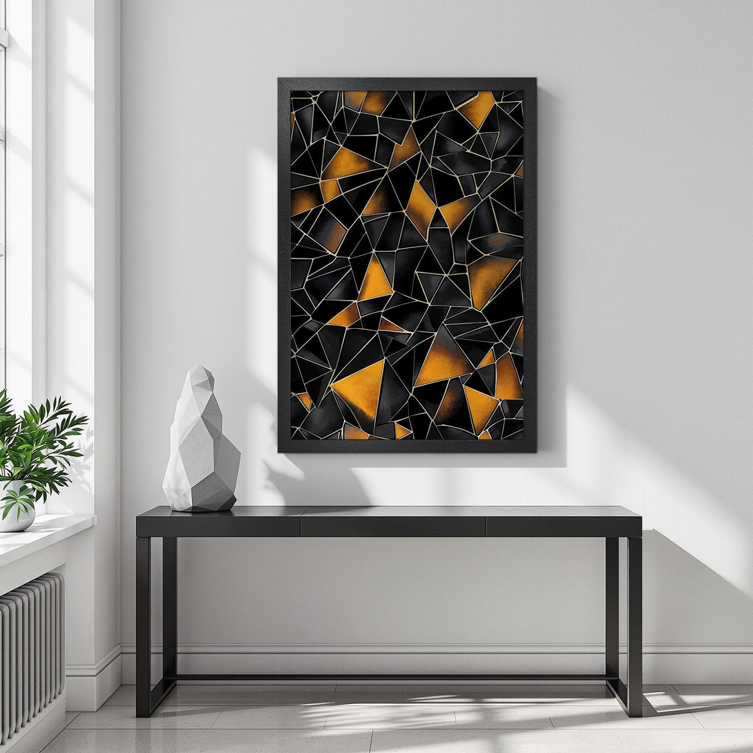 Framed Poster featuring a geometric abstract design in black, gold, and gray. Modern art for your home.