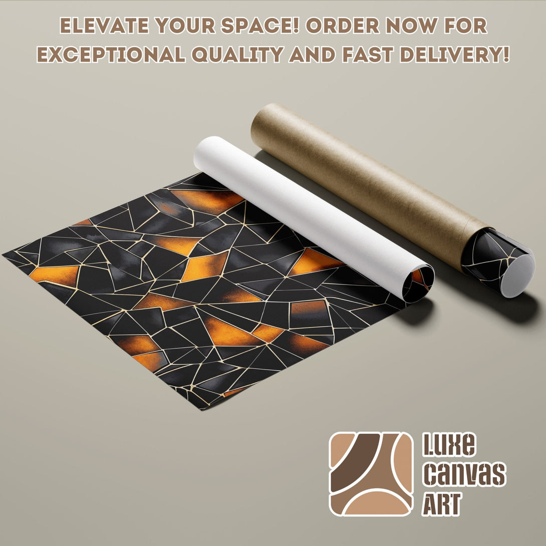 Geometric abstract Poster Roll art in black, gold, and orange color palette. Elevate your space!