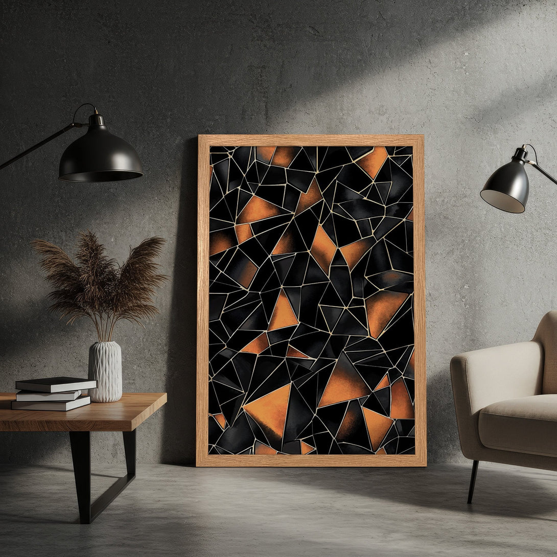 Framed Poster featuring a geometric abstract design in black, orange, and gold. Modern art for your home decor.