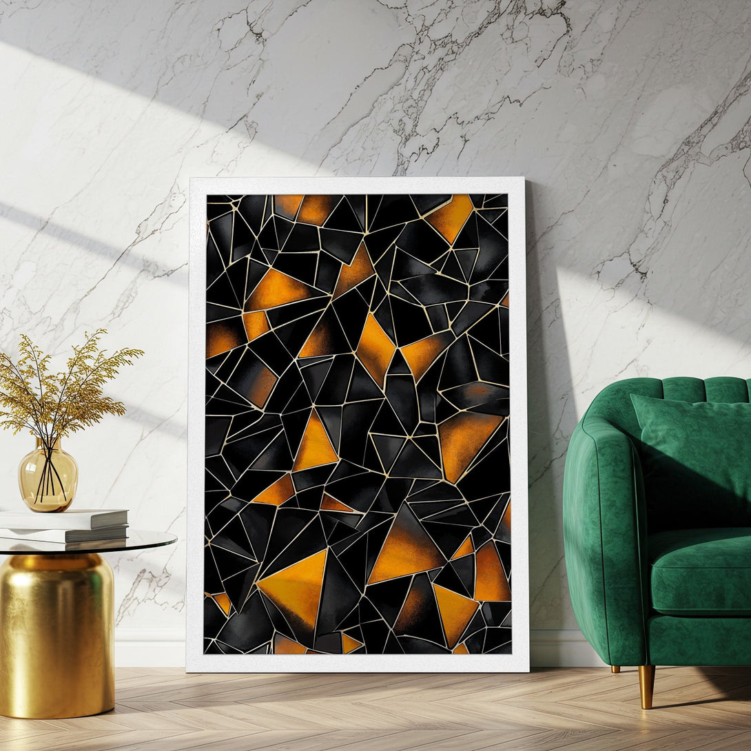 Framed Poster featuring abstract geometric design in black, gold, and orange hues. Modern art print for stylish home decor.