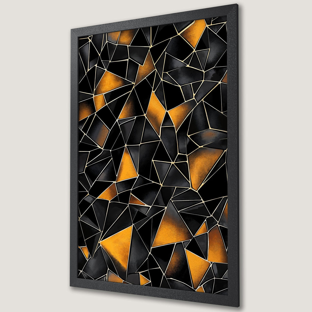 Framed Poster featuring a geometric abstract design in black, gold, and white. Modern art style.