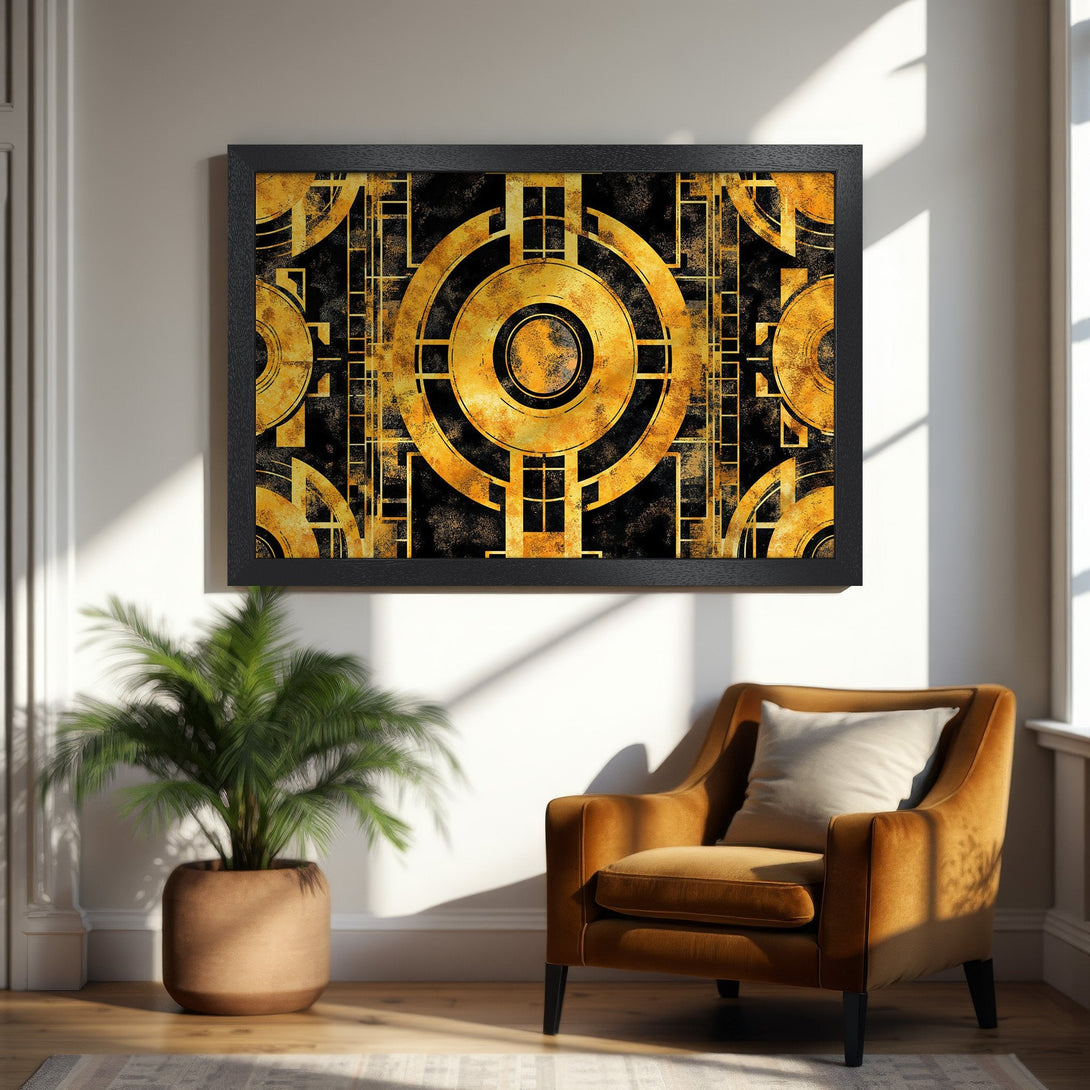Framed Poster featuring Art Deco design in gold and black. Perfect for adding a touch of elegance to your space.