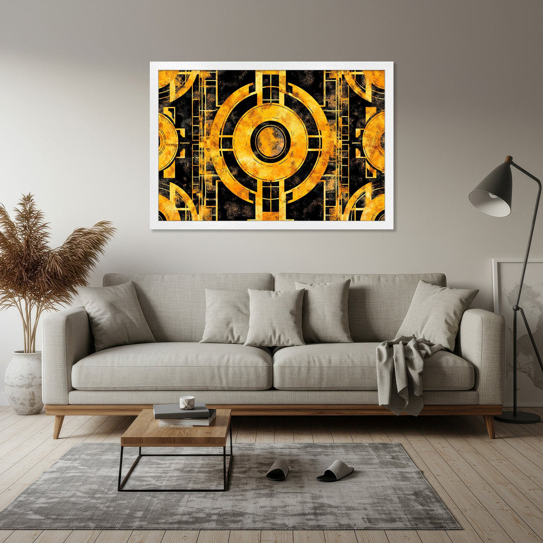 Framed Poster featuring a geometric art deco design in gold and black, perfect for modern home decor.
