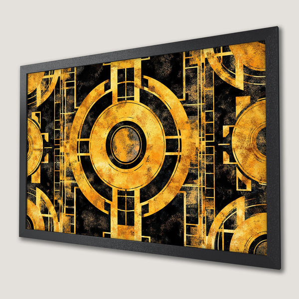 Framed Poster featuring an Art Deco design with geometric shapes in gold and black. Add a touch of elegance!