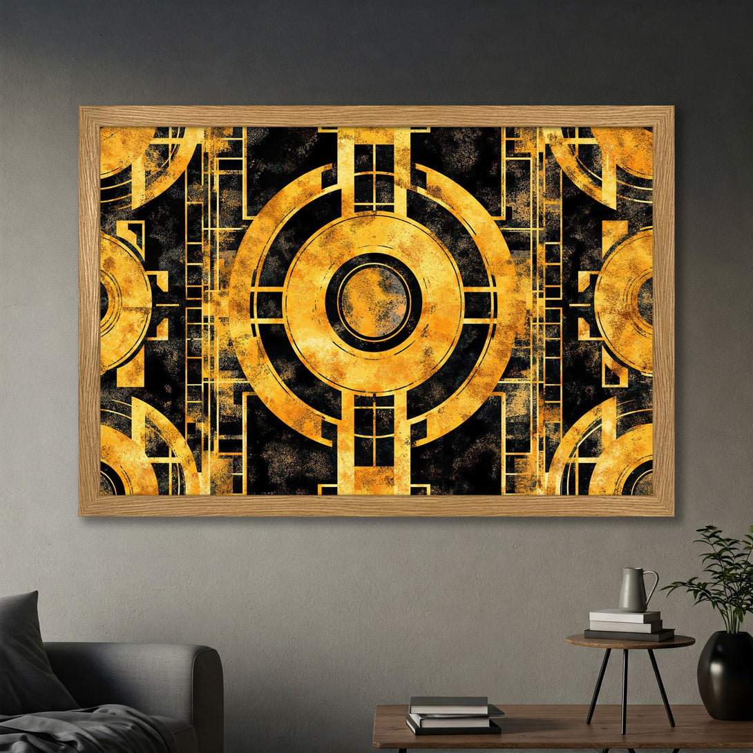 Framed Poster featuring an Art Deco design in gold and black, perfect for adding a touch of elegance to any space.