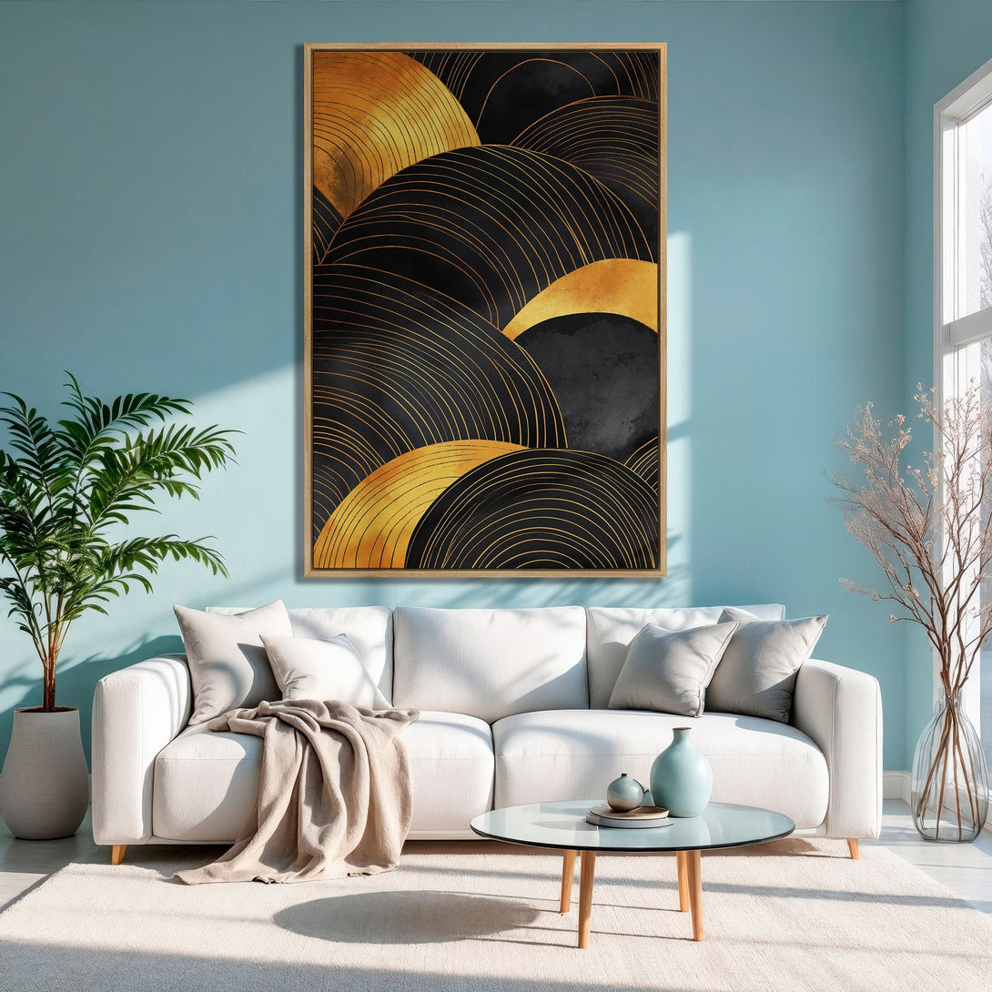 Framed Wall Art featuring abstract gold and black design. Modern art print with a minimalist style, perfect for living room decor.
