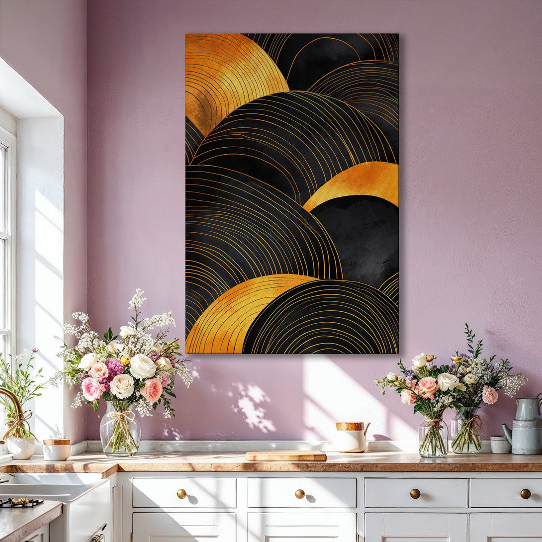 Framed Wall Art: Abstract gold and black artwork in a modern living room. Enhance your space with this stylish Canvas Print featuring a geometric design.