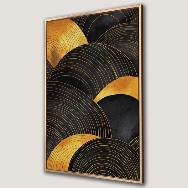 Framed Wall Art featuring an abstract design with gold lines and black shapes. Modern art canvas print with a luxurious gold and black color palette.