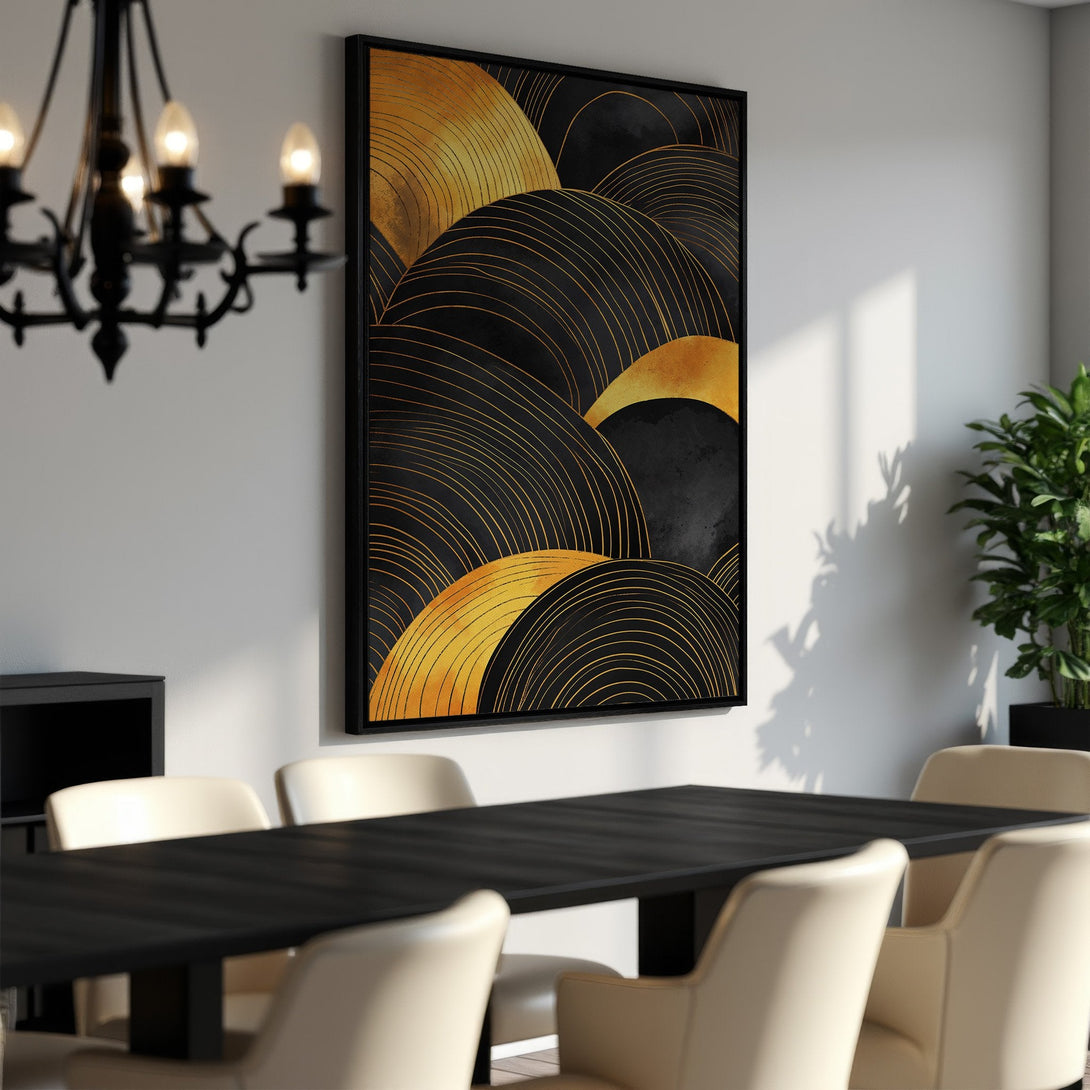 Framed Wall Art featuring an abstract gold and black design. Modern art print perfect for dining room decor. Enhance your space with this stylish canvas.